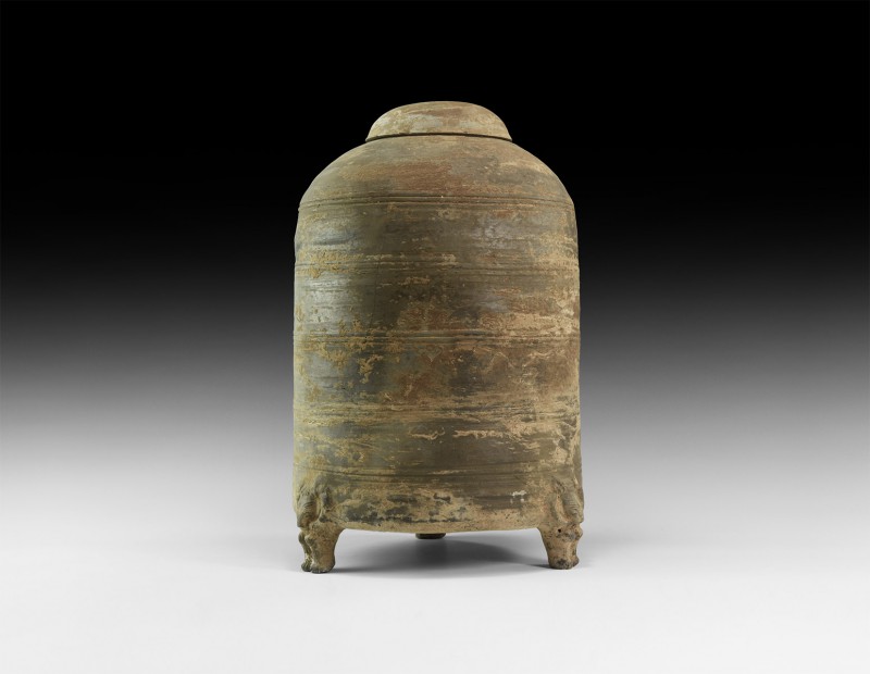 Chinese Han Lidded Jar
Han Dynasty, 206 BC-220 AD. A substantial tubular cerami...
