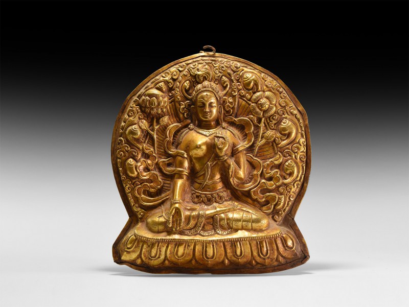 Tibetan Gilt Arya Tara Plaque
20th century AD. A hollow-formed gilt-bronze D-sh...