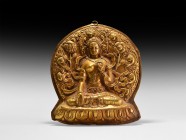 Tibetan Gilt Arya Tara Plaque
20th century AD. A hollow-formed gilt-bronze D-shaped plaque with repoussé face, facing image of Arya Tara sitting cros...