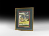 Indian Framed Gilt Harem Painting
18th-19th century AD. A framed hand-painted watercolour of a harem (anthapura) with one lady clad in salwar trouser...