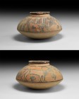 Indus Valley Mehrgarh Painted Vessel with Animals
3rd millennium BC. A biconical ceramic jar with flared rim, painted polychrome frieze of peepal pla...