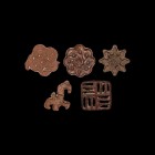 Indus Valley Stamp Seal Collection
Late 3rd-early 2nd millennium BC. A mixed group of five bronze seals comprising: one in the form of an eight-point...