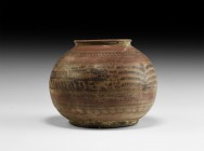 Indus Valley Baluchistan Bowl
3rd millennium BC. A bulbous ceramic bowl with flat base and flared rim, band of hatched line decoration below the rim,...