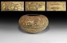 Very Large Indus Valley Mehrgarh Polychrome Bowl with Animals
3rd-2nd millennium BC. A very large bulbous ceramic bowl with painted polychrome frieze...