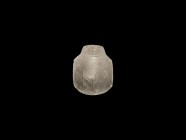 Moghul Crystal Kohl Pot
17th century AD. A carved rock crystal vessel, D-shaped in plan with chamfered shoulder, reserved frieze of foliage to the bo...