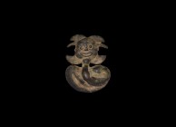 Indus Valley Stamp Seal with Face
3rd millennium BC. A bronze stamp seal with loop handle, S-shaped body beneath a smiling face with lateral leaves. ...