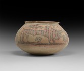 Indus Valley Mehrgarh Painted Vessel with Animals
3rd millennium BC. A squat ceramic jar with everted rim, painted polychrome frieze to the shoulder ...