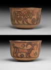 Indus Valley Mehrgarh Painted Vessel with Animals
3rd millennium BC. A ceramic cup with bell-shaped profile, painted frieze of geometric panels with ...