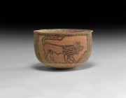 Indus Valley Mehrgarh Painted Vessel with Lions
3rd millennium BC. A ceramic cup with painted polychrome frieze of lions and geometric panels. 100 gr...