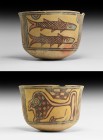 Indus Valley Mehrgarh Painted Vessel with Animals
3rd millennium BC. A ceramic jar of bell-shaped profile with painted polychrome frieze of geometric...