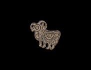 Indus Valley Stamp Seal with Ibex
3rd millennium BC. A bronze stamp seal with tapering ribbed handle to the reverse, shaped as an ibex standing in pr...