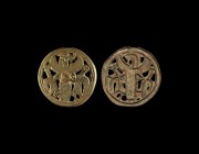 Indus Valley Large Stamp Seal with Bird-Headed Figure
23rd-20th century BC. A bronze discoid seal with flange rim, loop handle, openwork image of a b...