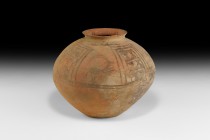 Indus Valley Vessel with Ibexes and Birds
3rd-2nd millennium BC. A ceramic vessel with bulbous body and everted rim, the body painted with four geome...