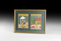 Indian Framed Painting Pair
18th-19th century AD. A framed pair of hand-painted watercolours, each a figural scene; left: a bare-chested magnate wear...