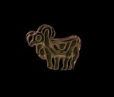 Indus Valley Stamp Seal with Horned Beast
23rd-20th century BC. A bronze compartmented seal in the form of a horned quadruped, with bulge to the ches...