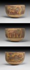 Indus Valley Mehrgarh Painted Vessel with Animals
3rd millennium BC. A ceramic cup with painted polychrome frieze of an ibex, zebu and lion. 115 gram...