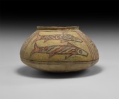 Indus Valley Mehrgarh Painted Vessel with Fish
3rd millennium BC. A squat biconvex ceramic jar with flared rim, painted polychrome frieze to the shou...