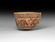 Indus Valley Mehrgarh Painted Vessel
3rd millennium BC. A ceramic cup with painted bichrome frieze of birds between bands, various objects in the fie...