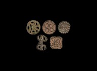 Indus Valley Stamp Seal Collection
23rd-20th century BC. A mixed group of five bronze seals comprising: one discoid with four pear-shaped compartment...