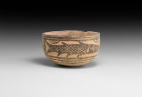 Indus Valley Mehrgarh Painted Vessel
3rd millennium BC. A squat ceramic cup with painted frieze below the rim of fish and geometric panels. 95 grams,...