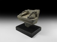 Large Gandharan Statue Feet
3rd-5th century AD. A carved schist statue fragment comprising a rectangular base with hatched band to the outer edges, t...