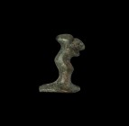 Greek Helmet Finial
5th-3rd century BC. A bronze fitting of a stylised bird on a piriform base with fixing hole. 61 grams, 51mm (2"). Property of a L...