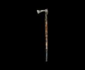 Viking Battle Axe with Decorated Shaft
9th-12th century AD. An iron axehead with short shaft, curved blade, socket with extended panel to the rear; m...