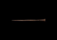 Post Medieval Socketted Lancehead
17th-18th century AD. A hand-forged iron lancehead with square-section spike, collar and tapering socket with evert...