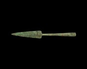 Western Asiatic Luristan Socketted Spearhead
2nd millennium BC. A bronze spearhead with triangular blade, slightly raised midrib, flared split socket...
