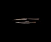 Viking Socketted Spearhead Group
9th-11th century AD. A group of two iron spearheads comprising: one with slender lozengiform blade, short neck, tape...