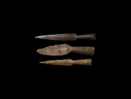 Viking Socketted Spearhead Group
9th-11th century AD. A group of three iron javelin-heads, each a lentoid-section triangular blade and tapering socke...
