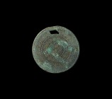 Nordic Bronze Age Decorated Belt Fitting
15th-14th century BC. A large bifacial bronze disc with irregular, concentric rings of punched triangles and...