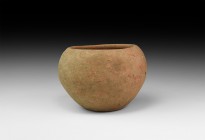 Bronze Age Holy Land Ceramic Vessel
3rd-2nd millennium BC. A terracotta jar with bulbous body, rounded rim. 569 grams, 14cm (5 1/2"). Property of a S...