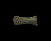 Bronze Age Socketted Axehead
2nd millennium BC. A bronze socketted axehead with flared blade and curved cutting edge; flared collar to the socket wit...