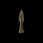 Bronze Age Pierced Socketted Spearhead
2nd millennium BC. A bronze leaf-shaped spearhead with rounded midrib, small piercings to each side of the bla...