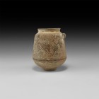 Iron Age Celtiberian Vessel with Boar Hunt
3rd-1st century BC. A ceramic unglazed bell-shaped jar with narrow basal ring, broad mouth, lateral loop h...