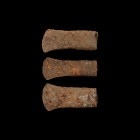 Iron Age Celtic Axehead Group
1st millennium BC. A group of three iron axeheads with rectangular bodies and slightly flaring blades. 2.1 kg total, 15...