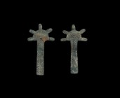 Visigothic Radiate-Headed Brooch Pair
5th-6th century AD. A matched pair of radiate-headed brooches; each a D-shaped headplate with five lobed extens...