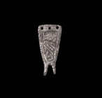 Anglo-Saxon Silver Tag with Beast
8th-9th century AD. A silver triangular strap tag with decorated surface; Trewhiddle style beast to the central fie...