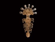 Gothic Gilt Silver Radiate Brooch
5th century AD. A parcel-gilt silver bow brooch comprising a D-shaped headplate with seven radiating knops, shallow...
