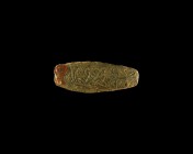 Anglo-Saxon Strap End with Entwined Beast
9th century AD. A bronze convex-sided strap end of Thomas's Class A1 bearing a central panels of a Trewhidd...