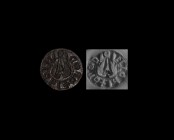 Medieval 'CREDE MIChI' Seal Matrix
14th-16th century AD. A bronze chessman seal matrix with a pair of addorsed birds looking over their shoulders at ...