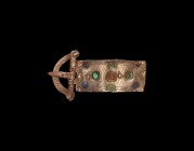 Medieval Silver Buckle with Plate
14th-15th century AD. A bronze buckle with D-shaped decorative loop and rectangular plate, four studs below; the pl...