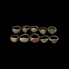 Medieval Ring Collection
13th-15th century AD. A large group of bronze rings of different types, all with engraved bezels. 64 grams total, 21-26mm (3...