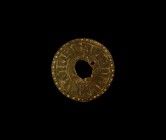 Medieval Gilt Ring Brooch with Inscription
14th century AD. A gilt-bronze ring brooch with pelleted border, reserved low-relief blackletter text '+eu...