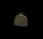 Medieval Flask with Lion and Unicorn
14th-16th century AD. A small bronze flask with D-shaped body, short neck with funicular rim, remains of two sma...