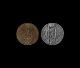 Large Medieval Scottish Seal Matrix of Roland Johns Bishop of Brechin
Later 14th-15th century AD. A bronze discoid seal matrix with flange handle to ...