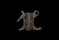 Medieval Inscribed Lock
12th-14th century AD. A bronze padlock with rotating chambers in a frame with animal-head flange and loop, inscribed in serif...