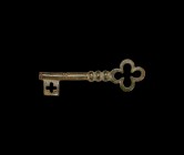 Medieval Casket Key
14th-15th century AD. A bronze barrel-shaft key with pierced quatrefoil bow, ribbed shank, ward with quatrefoil void. See Pall, M...