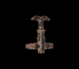 Medieval Cask Tap
15th century AD. A bronze cask tap with transverse tapering tube, milled vertical shank with divided T-shaped finial. 69 grams, 64m...